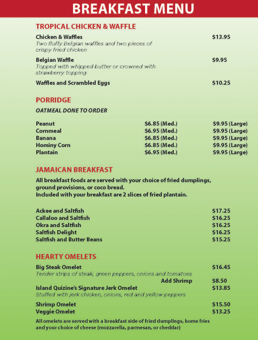 Menu Island Quizine Restaurant and Catering